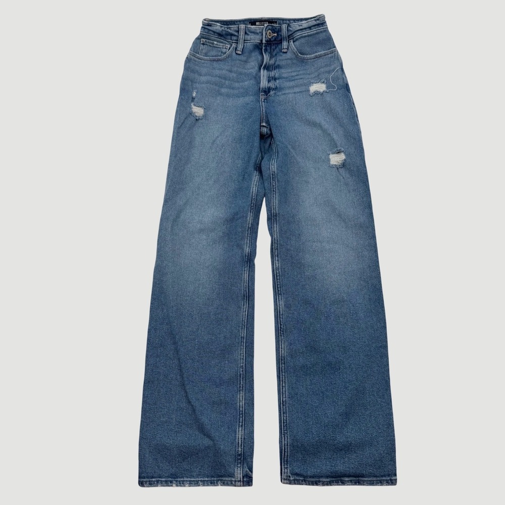 Hollister Ultra High-Rise Dad Jeans 00R W24 Medium Wash Distressed Straight Leg